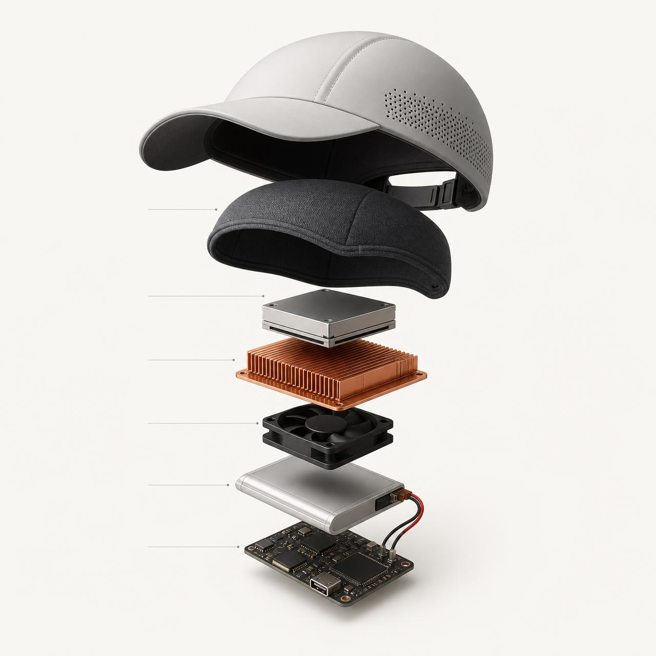 Exploded view of the JetFuel cooling cap: outer shell, fabric liner, thermoelectric module, copper heat sink, fan, battery, and control board